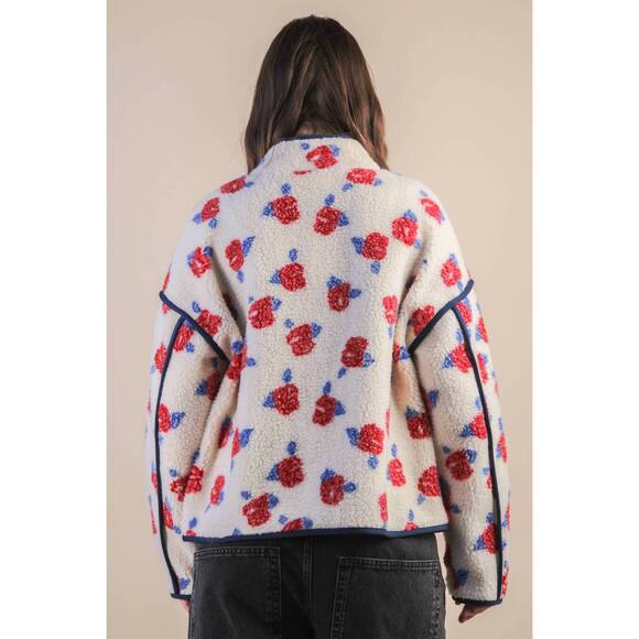 NEW VERY J floral printed fleece sherpa jacket in white - Picture 3 of 4